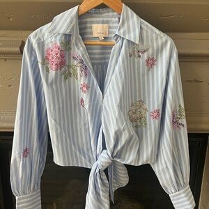 🌟NWOT Cinq à Sept Hannah Stripe Embellished Tie Hem Shirt